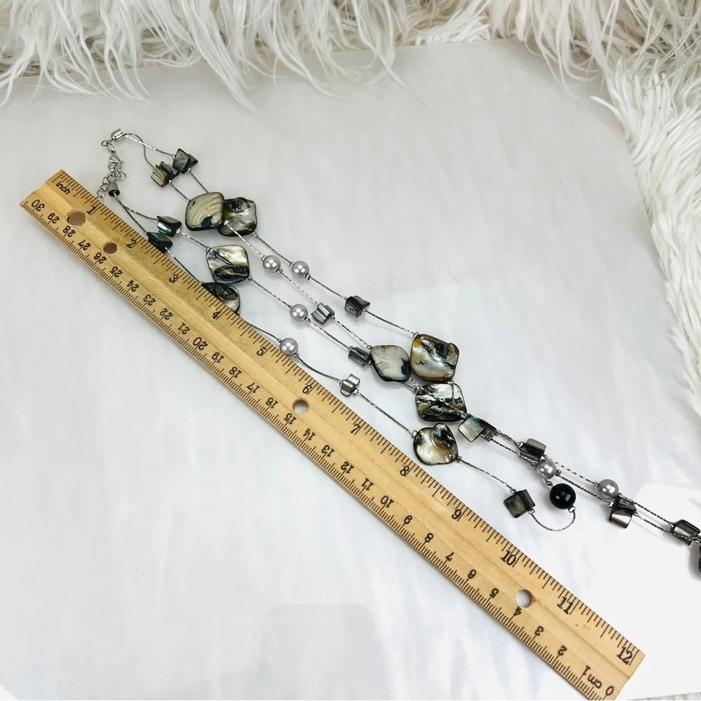 Bohemian island chic, shell faux pearl Silvertone long layering necklace